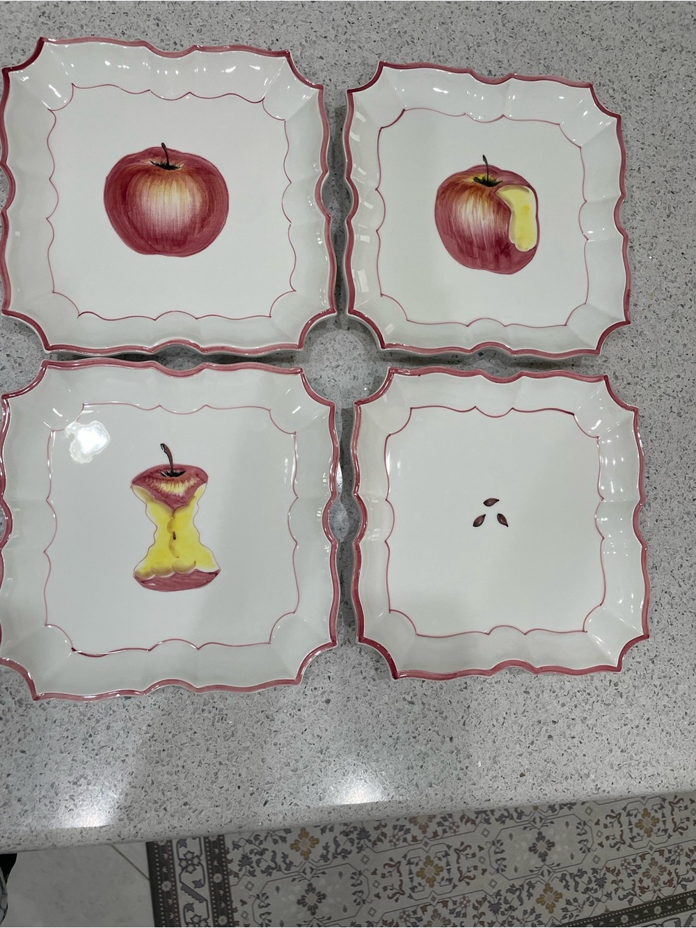 Vietri Dessert Plates or wall decor of disappearing Red Apple Motif and Red Trim